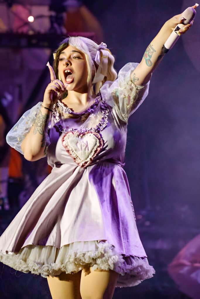 Purple Satin Heart-Emblem Dress + White Tulle Petticoat + Blonde Pigtails