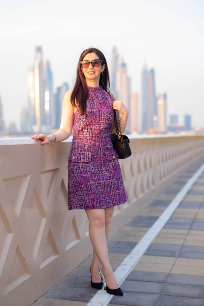 Purple Tweed Sleeveless Shift Dress + Sunglasses + Black Chain Strap Bag + Black Pointed Heels