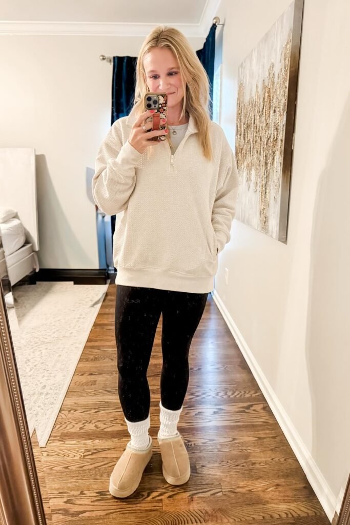 Quilted Cream Quarter Zip Pullover + Black Leggings + Tan Platform Mules + White Slouch Socks