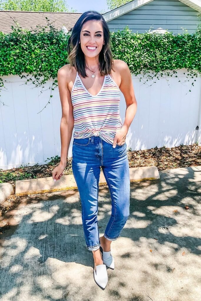 Rainbow Striped V Neck Cami + Medium Wash Slim Cropped Jeans + White Pointed Toe Mules