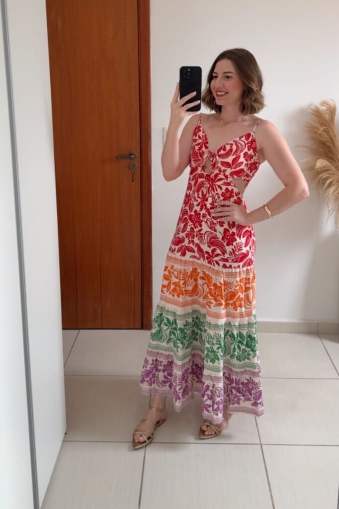 Rainbow Tiered Floral Print Maxi Dress + Gold Strappy Sandals + Cut-out Detail