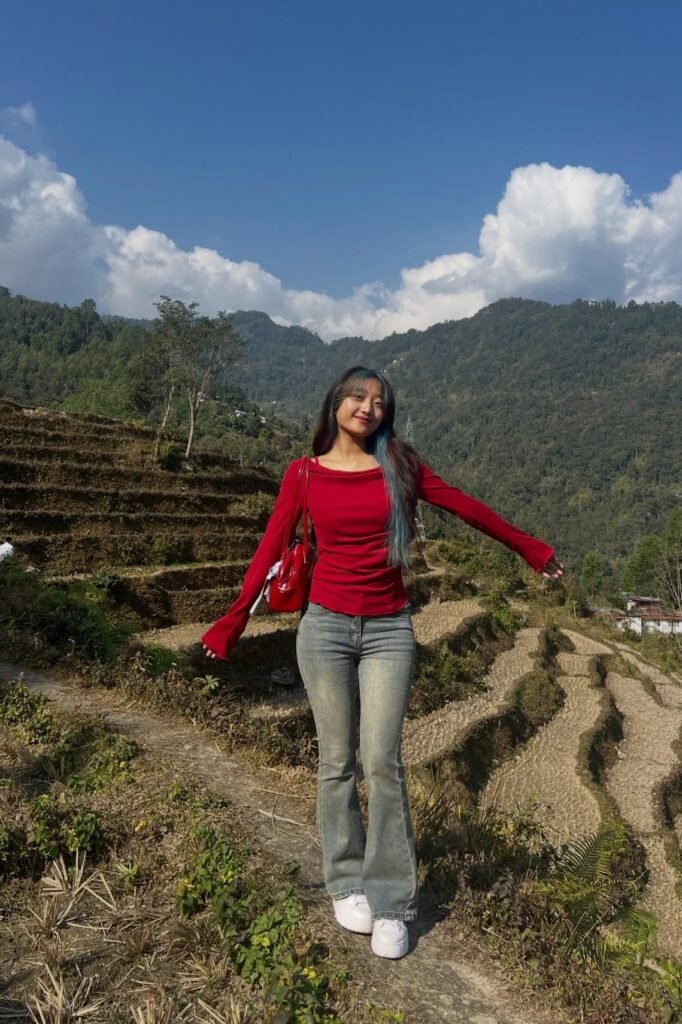Red Boat Neck Long Sleeve Top + Grey Flared Jeans + White Platform Sneakers