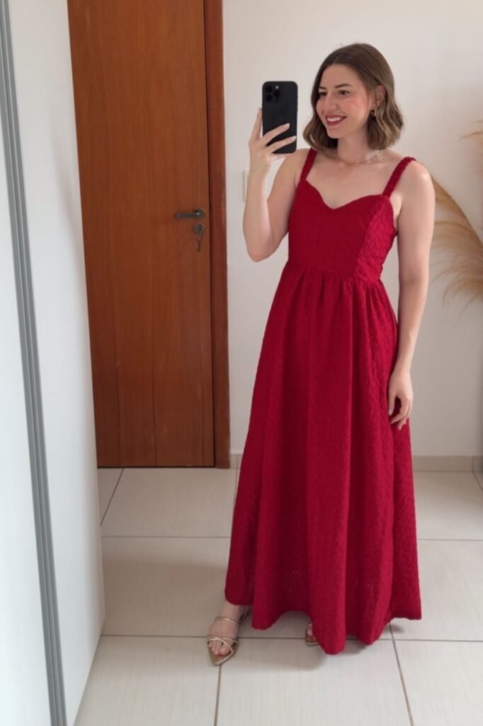 Red Eyelet Lace Sweetheart Neckline Maxi Dress + Gold Strappy Sandals + Gold Earrings