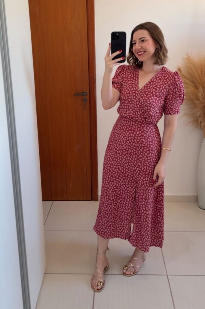 Red Floral Print V-Neck Midi Dress + Gold Strappy Sandals + Gold Bracelet