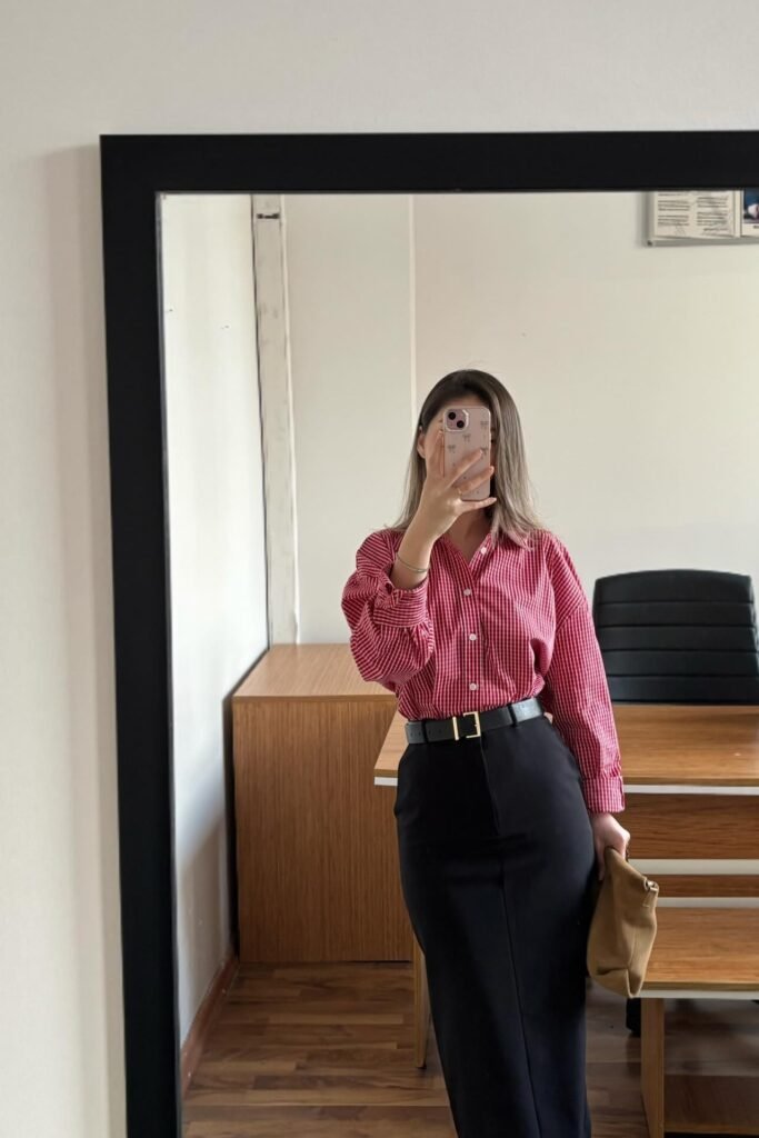 Red Gingham Button-Down Shirt + Black Pencil Skirt + Black Leather Belt