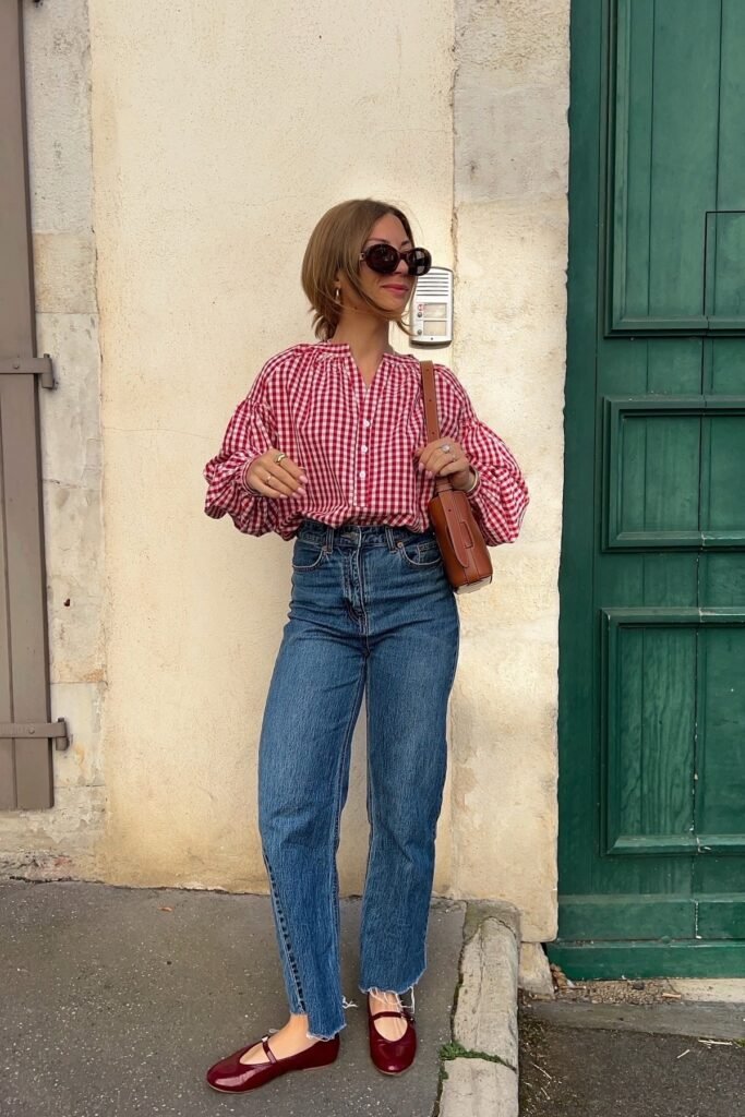 Red Gingham Puff-Sleeve Blouse + High-Waisted Straight-Leg Jeans + Burgundy Mary Jane Flats