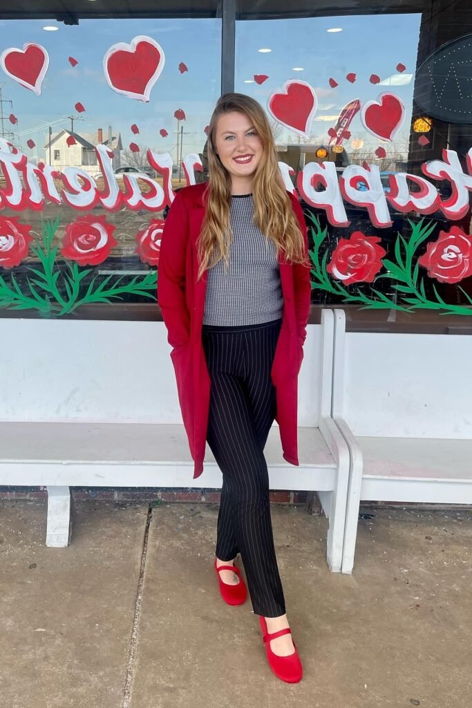 Red Longline Cardigan + Gingham Top + Pinstripe Trousers + Red Mary Janes