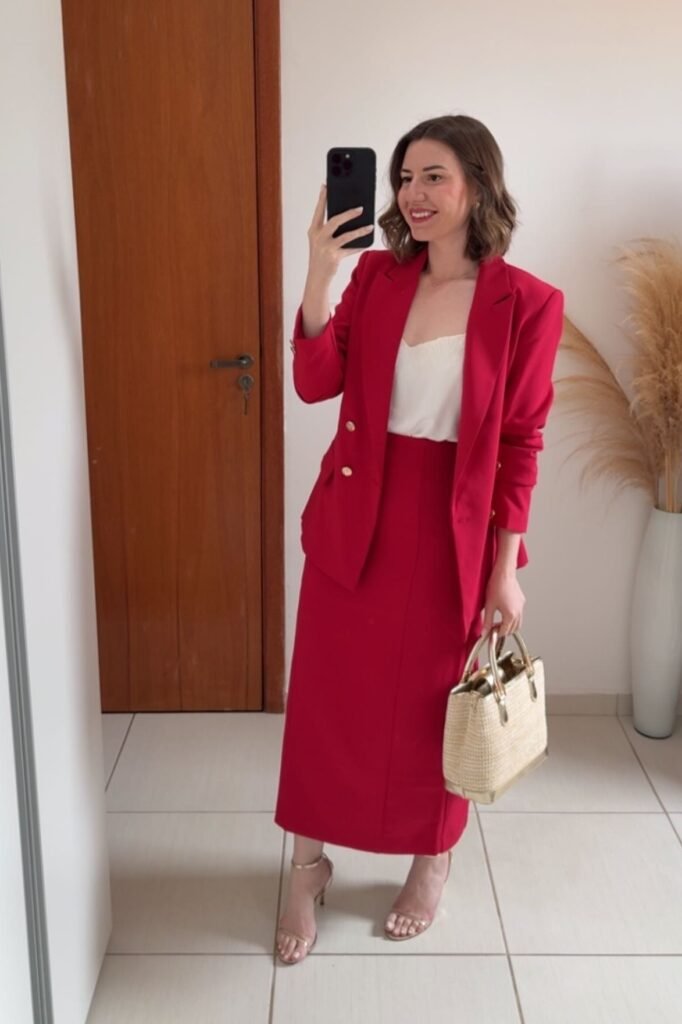 Red Monochromatic Power Suit + White Camisole + Straw Tote Bag