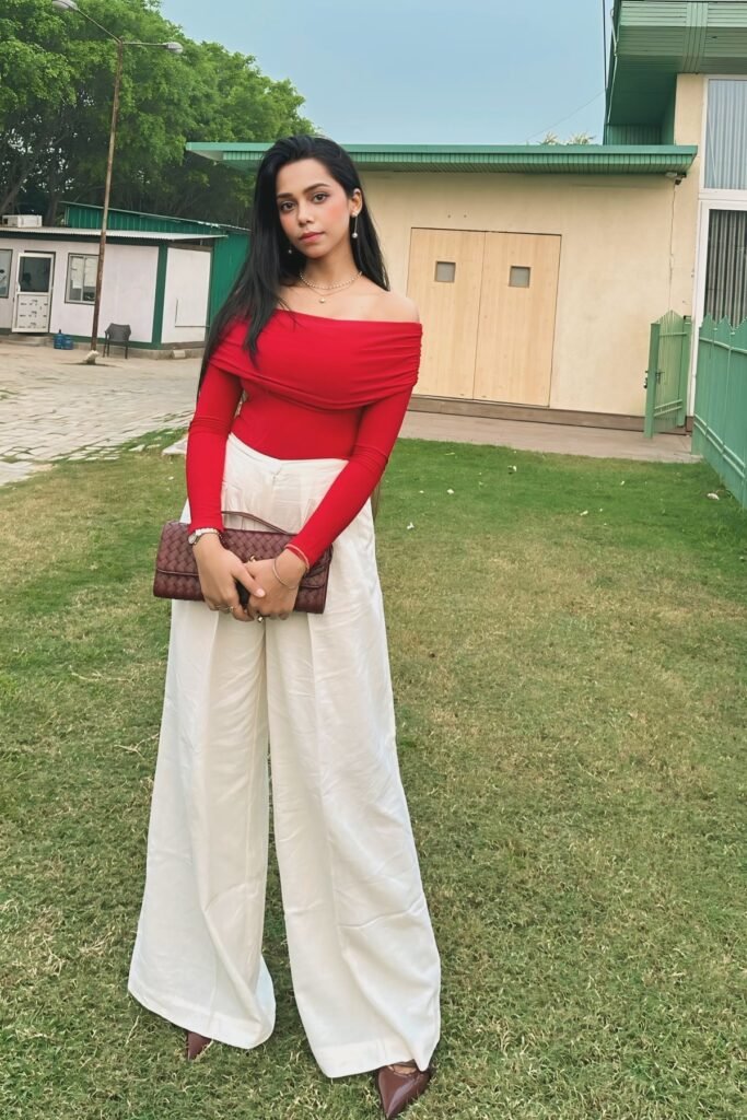 Red Off the Shoulder Long Sleeve + White Palazzo Pants + Burgundy Heels