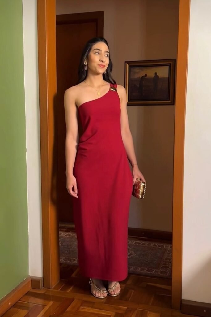 Red One-Shoulder Column Dress + Gold Evening Clutch + Silver Strappy Sandals