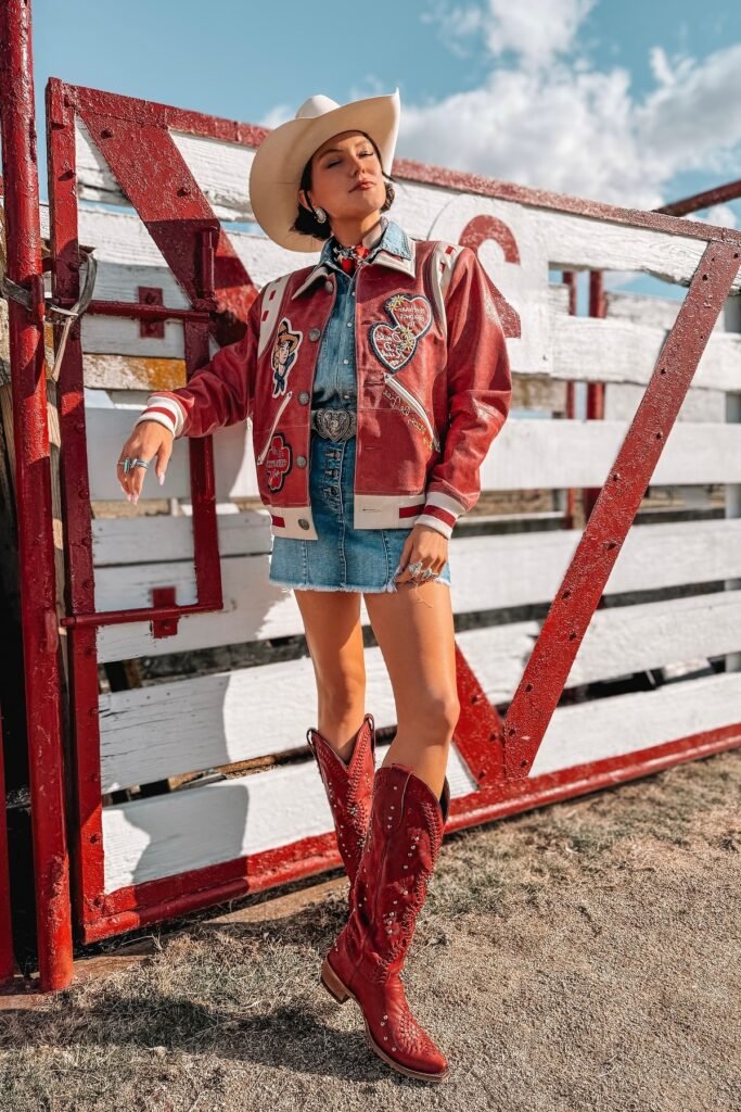 Red Patchwork Letterman Jacket + Denim Mini Skirt + Red Studded Cowboy Boots + White Cowboy Hat