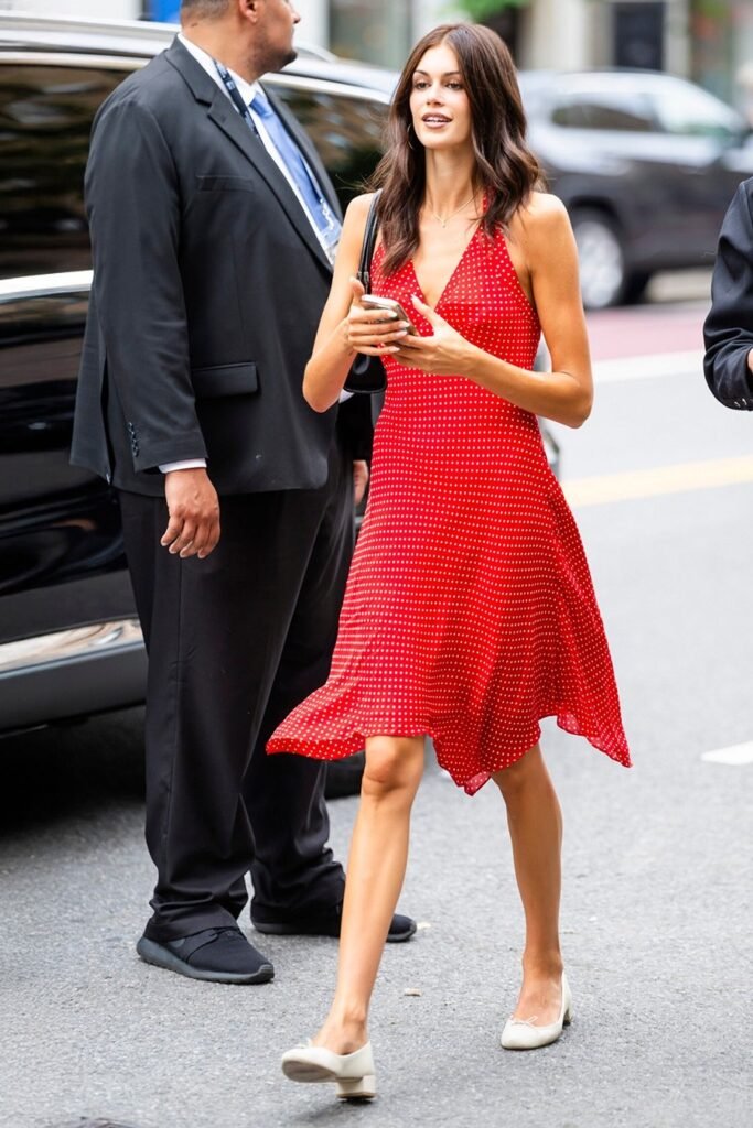 Brown Striped Cardigan + Chocolate Wide Leg Trousers + Navy Ballet Flats