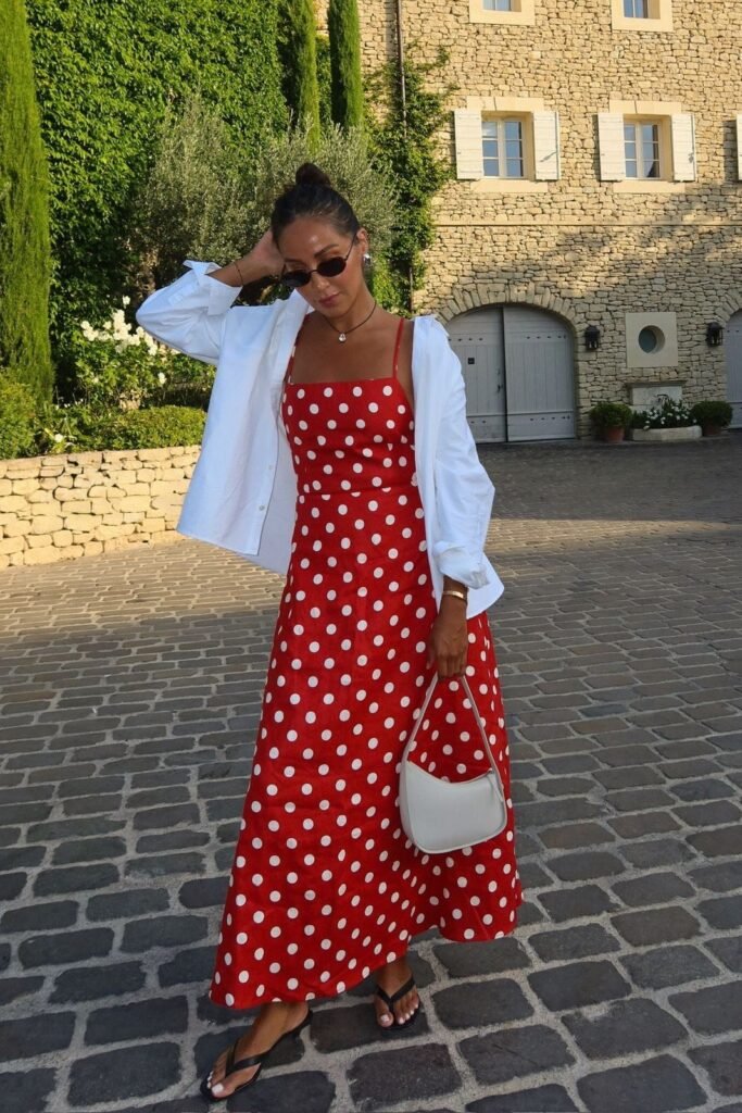 Red Polka Dot Maxi Dress + Oversized White Shirt + White Crescent Bag