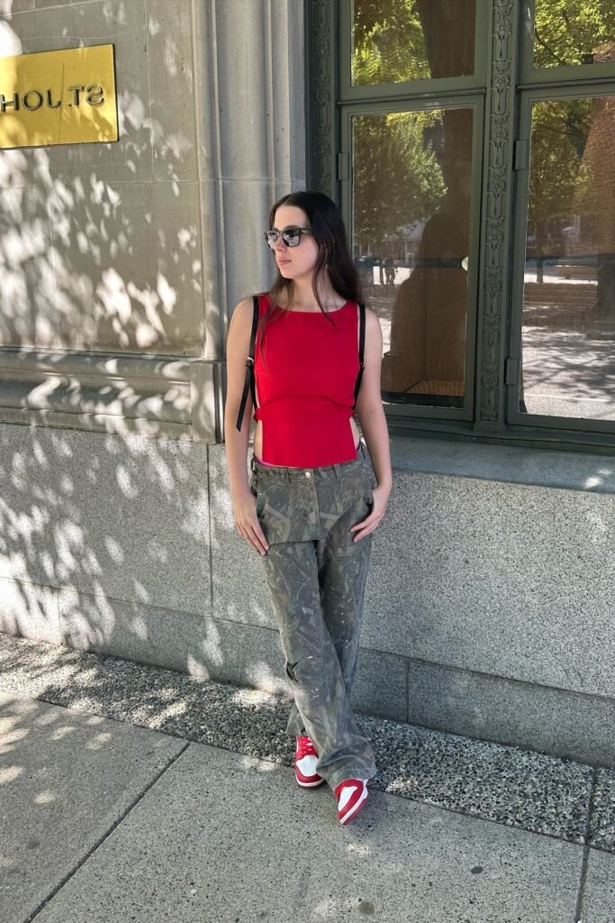 Red Sleeveless Cut out Top + Grey Camouflage Cargo Pants + Red and White Sneakers