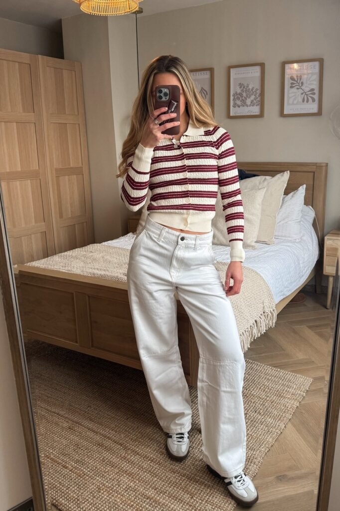 Red Striped Polo Cardigan + White Wide-Leg Jeans + Adidas Samba Sneakers