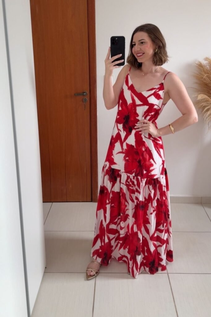 Red and White Floral Print Maxi Dress + Gold Strappy Sandals + Gold Bangle