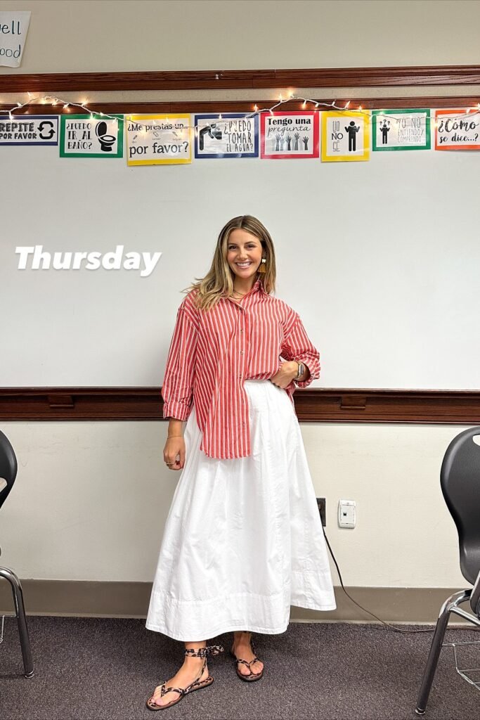 Red and White Striped Button-Down + White Maxi Skirt + Leopard Print Sandals