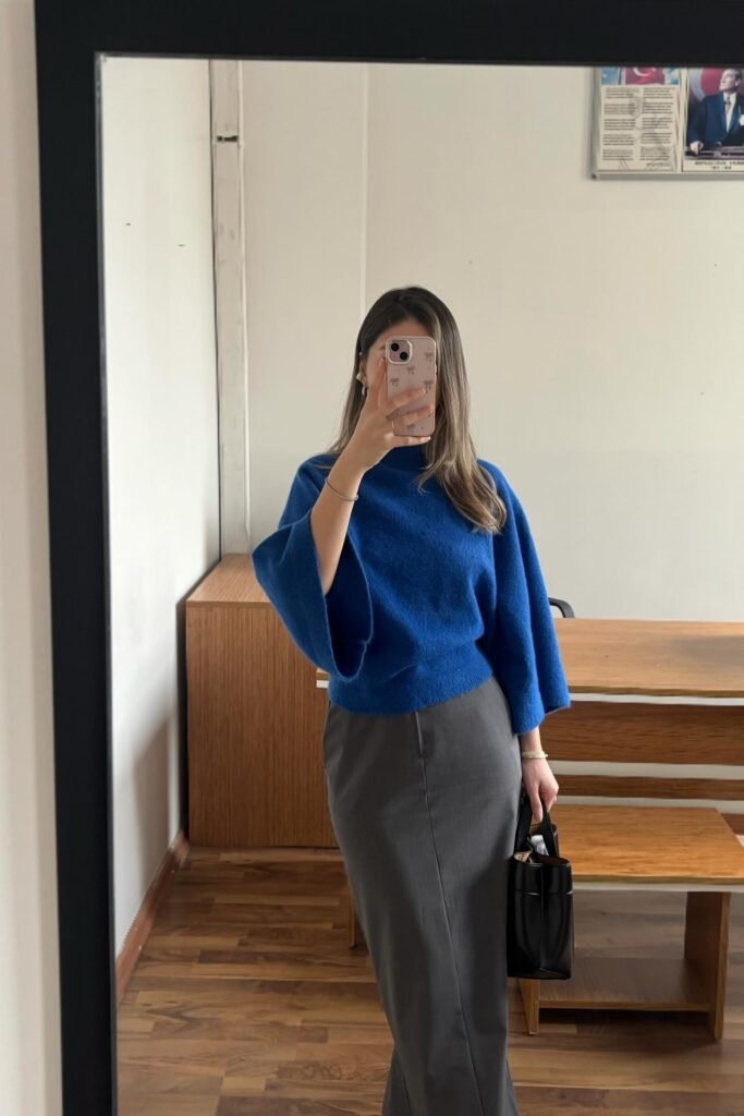 Royal Blue Bell-Sleeve Sweater + Grey Straight-Cut Midi Skirt + Black Pointed-Toe Boots