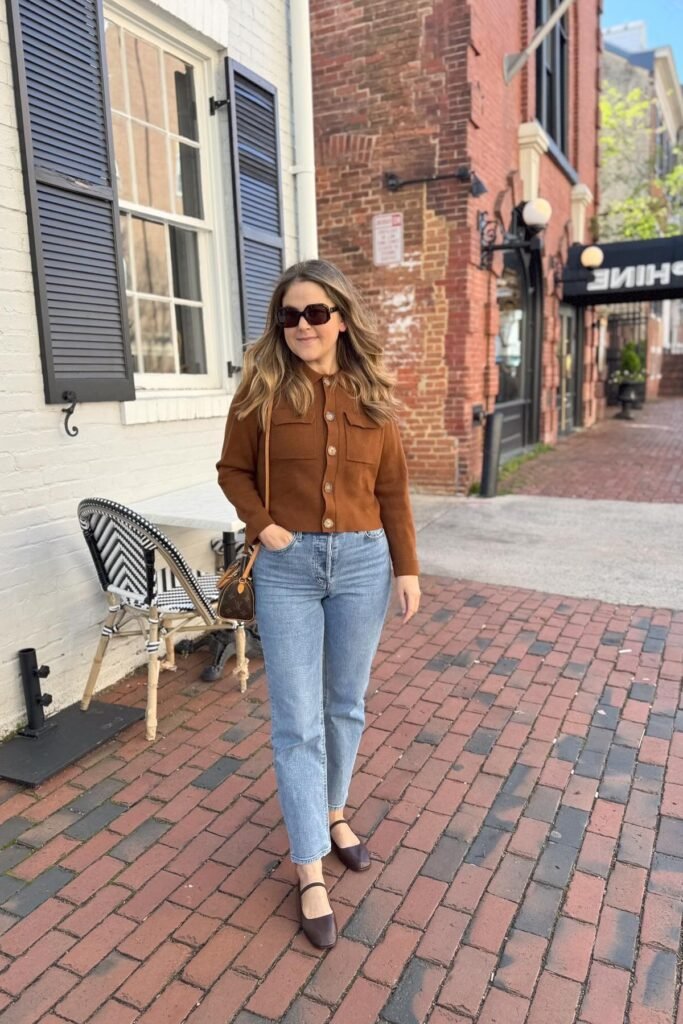 Rust Brown Button-Up Sweater + Light Wash Straight Jeans + Dark Brown Mary Jane Flats