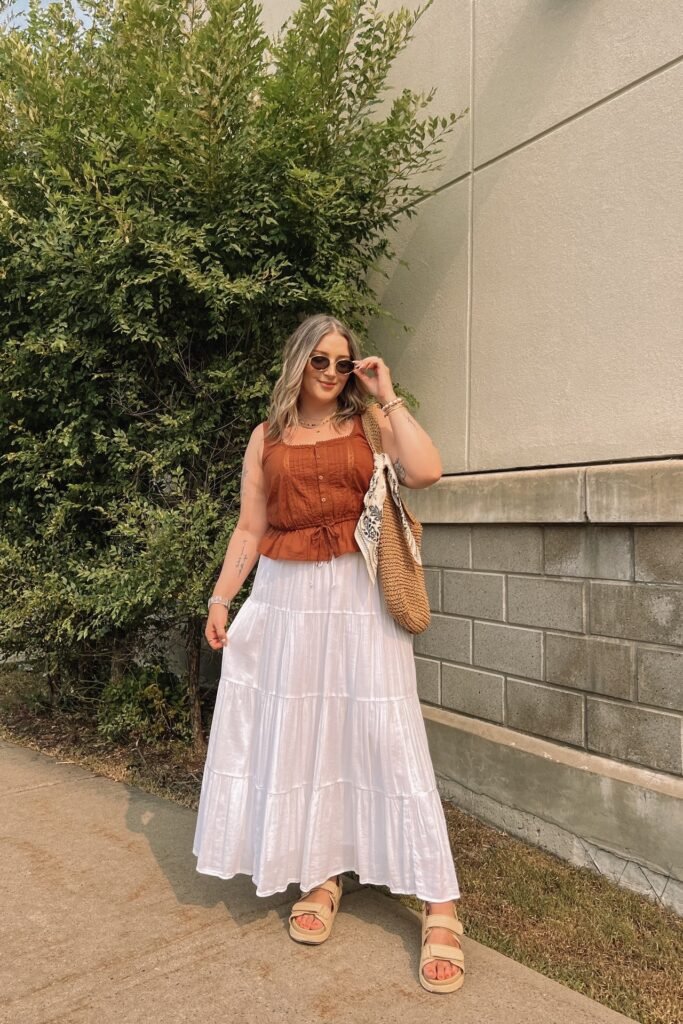 Rust Orange Lace Tank Top + White Tiered Maxi Skirt + Beige Platform Sandals