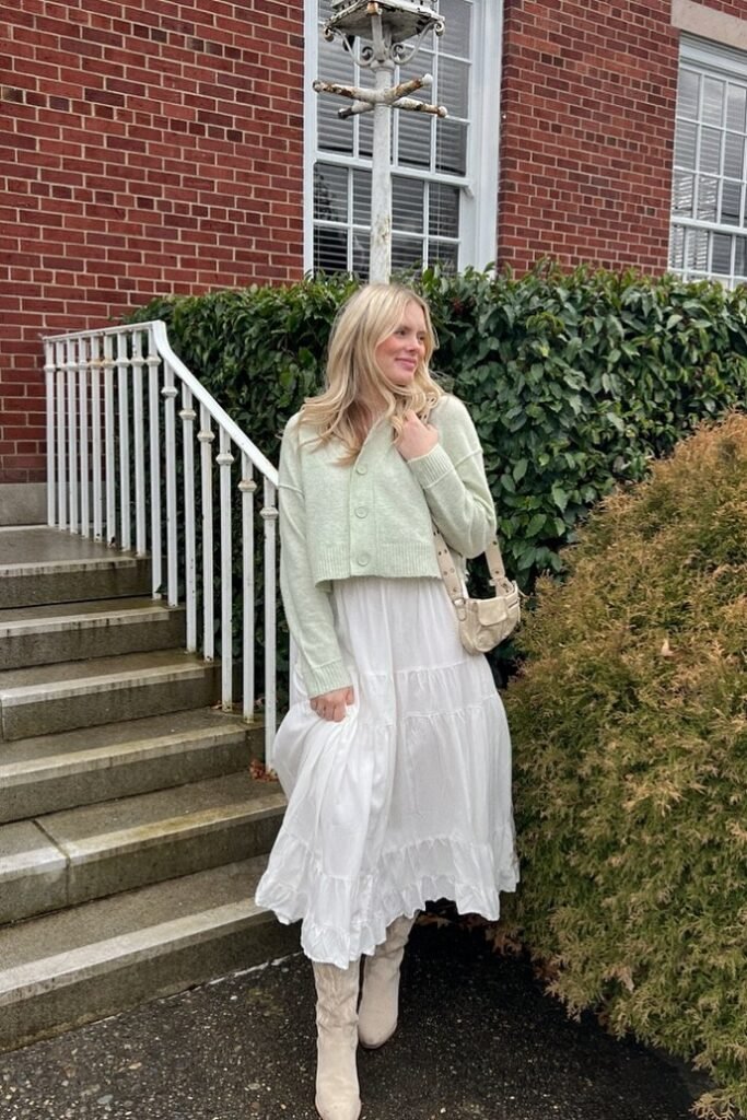 Sage Green Cropped Cardigan + White Tiered Maxi Skirt + Beige Suede Boots