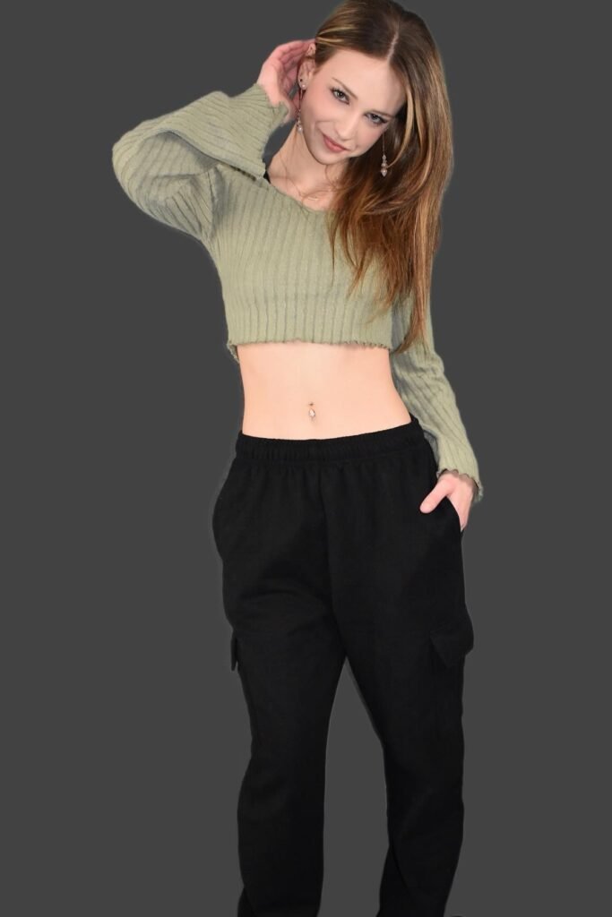 Sage Green Cropped Ribbed Sweater + Black Cargo Joggers