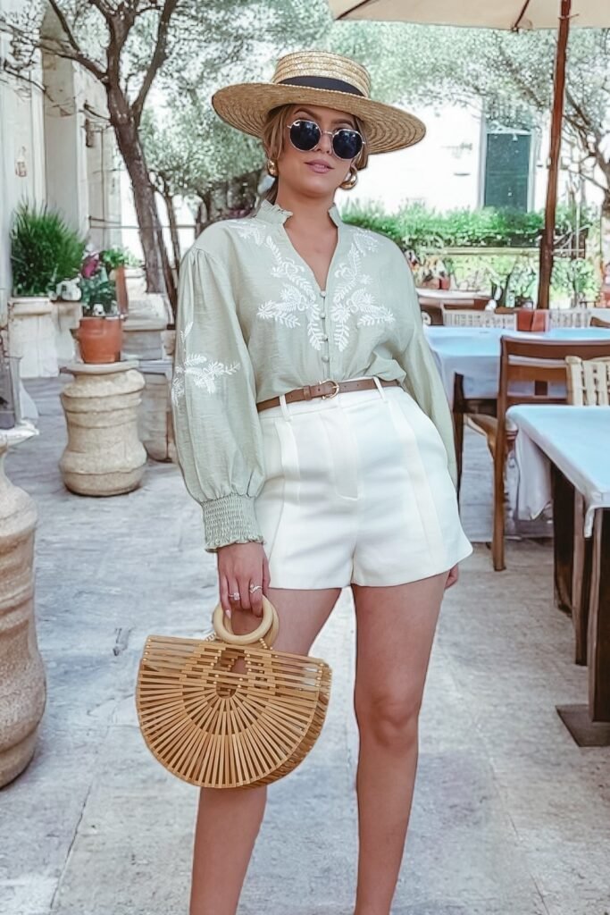 Sage Green Embroidered Blouse + White High Waisted Shorts + Brown Leather Belt + Straw Boater Hat