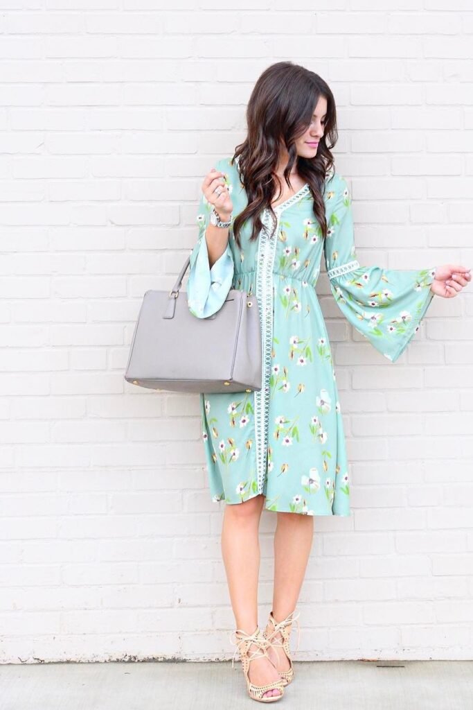 Sage Green Floral Bell-Sleeve Dress + Lace-Up Nude Sandals + Grey Structured Tote Bag