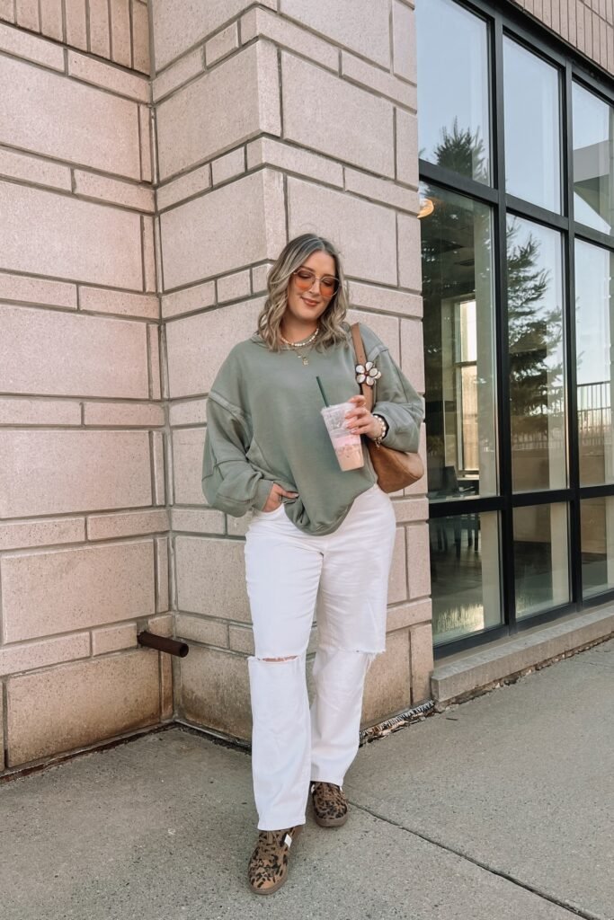 Sage Green Oversized Sweatshirt + Distressed White Jeans + Leopard Print Sneakers