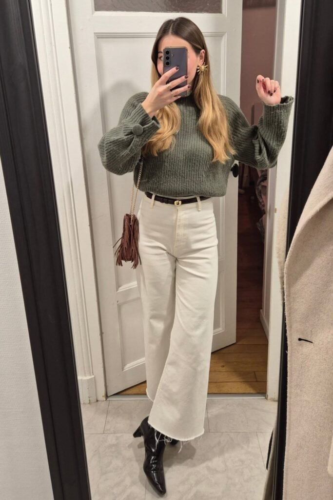 Sage Green Ribbed Turtleneck Sweater + White Wide-Leg Raw-Hem Jeans + Black Pointed-Toe Boots