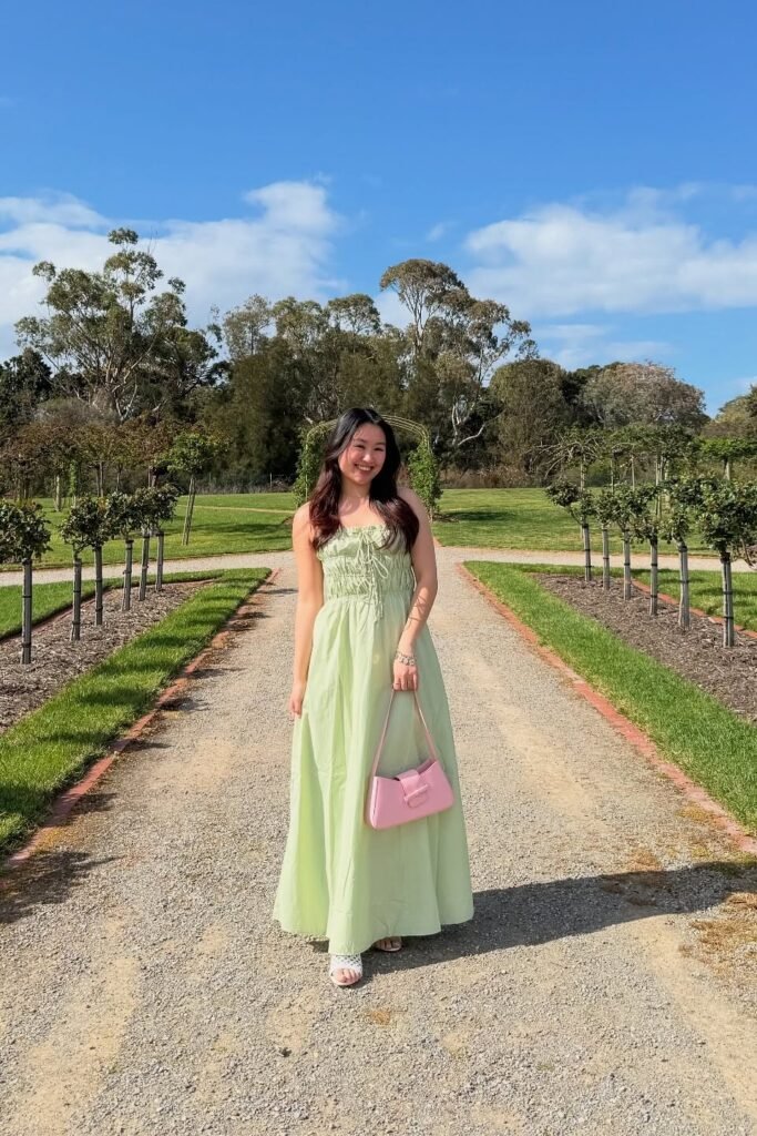 Sage Green Smocked Maxi Dress + Pink Shoulder Bag + White Strappy Sandals