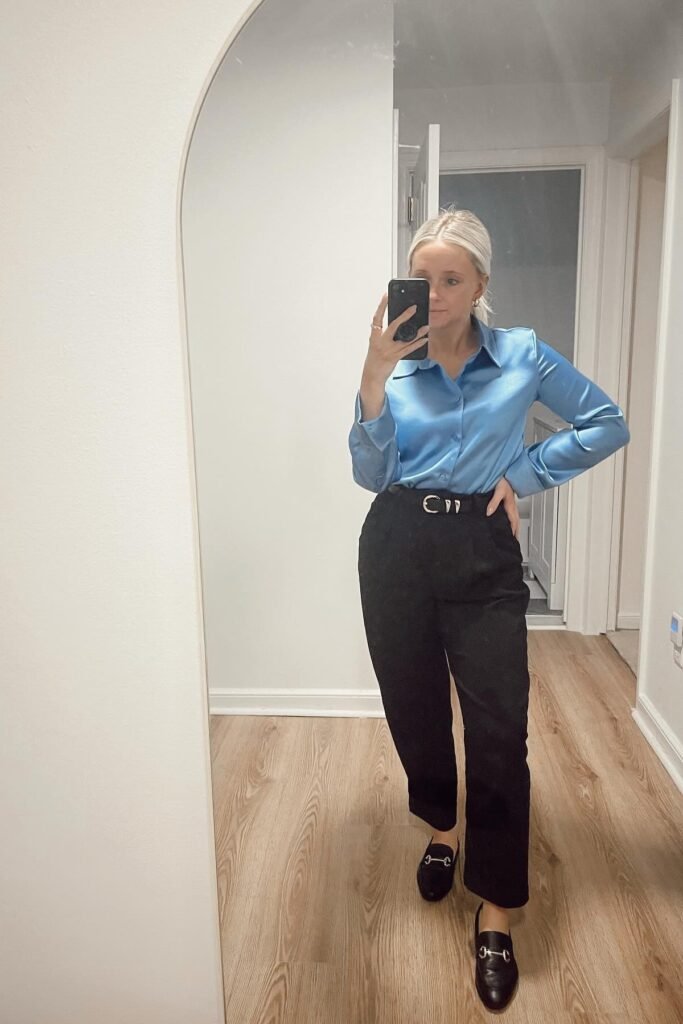 Satin Blue Button-Down Shirt + Black High-Waisted Trousers + Black Horsebit Loafers