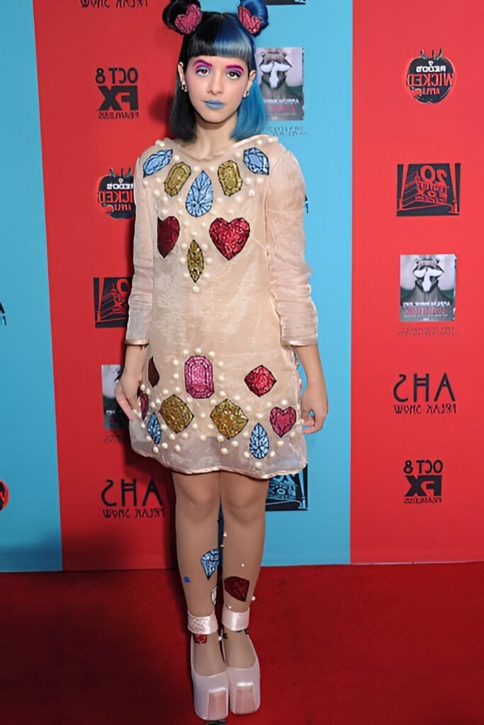 Sheer Beige Gem-Embellished Dress + Blue Lip + Pink Platform Heels