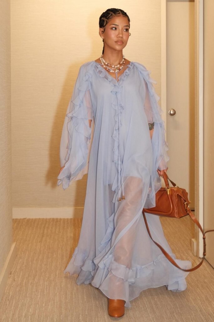 Sheer Light Blue Ruffled Maxi Dress + Tan Leather Handbag + Brown Leather Boots