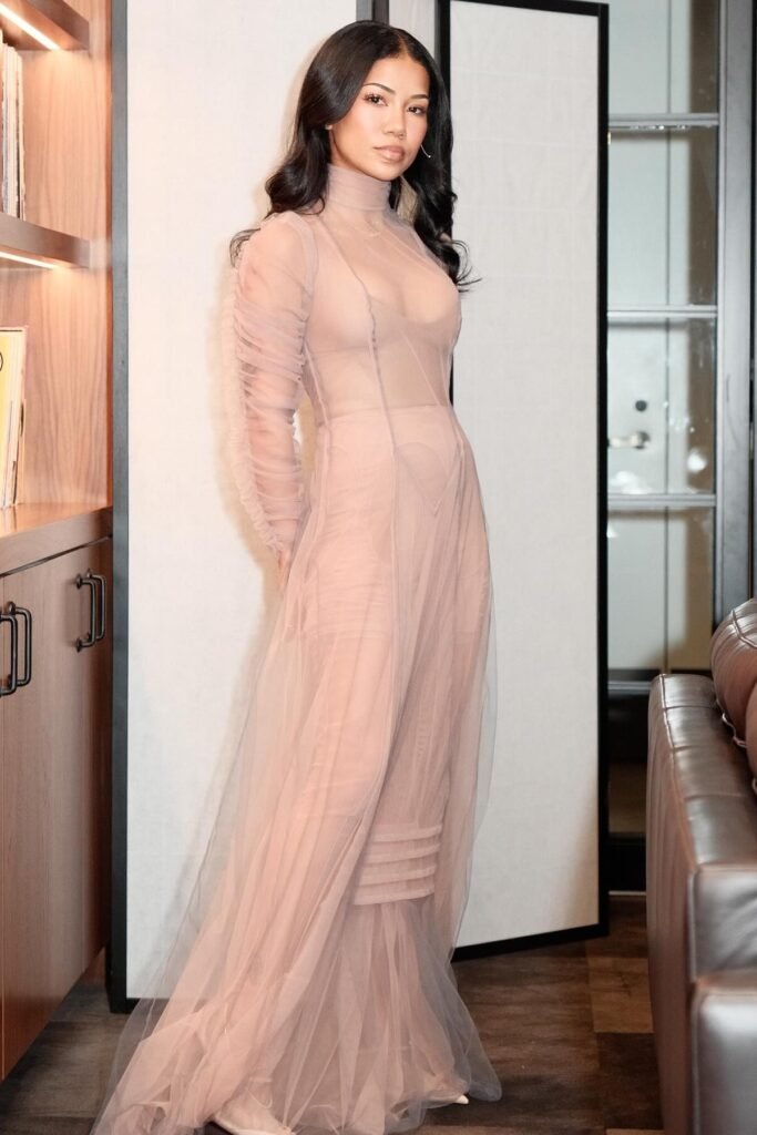 Sheer Nude Mock-Neck Ruched Gown + Matching Nude Undergarments + White Pointed-Toe Heels
