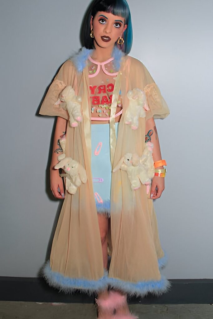 Sheer Tan Robe with Stuffed Rabbits + Blue Graphic Crop Top + Blue Mini Skirt