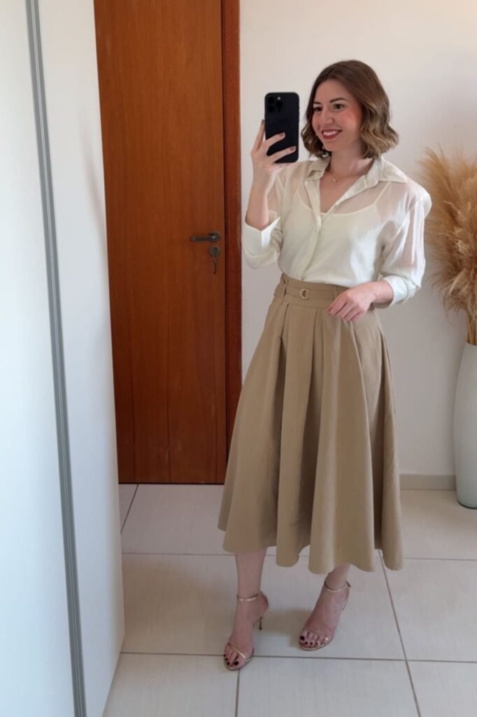 Sheer White Button-Down Shirt + Beige Pleated Midi Skirt + Gold Strappy Sandals