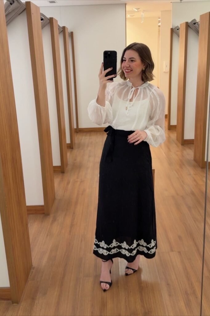 Sheer White Tie-Neck Blouse + Black Embroidered Maxi Skirt + Black Strappy Heels