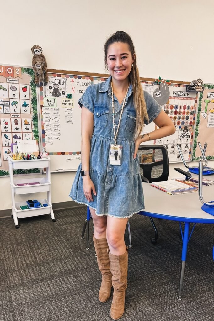 Short-Sleeve Denim Tiered Mini Dress + Tan Slouchy Suede Boots