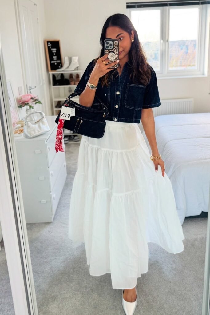 Short Sleeved Denim Jacket + White Tiered Maxi Skirt + Silver Pointed Flats