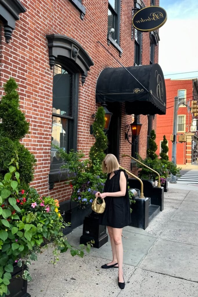 Sleeveless Black Shift Mini Dress + Black Ruched Square Toe Flats