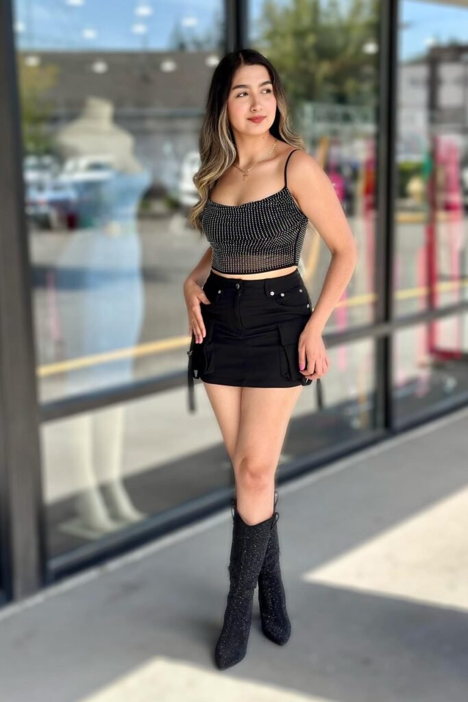 Sparkly Black Camisole + Black Mini Cargo Skirt + Black Glitter Boots