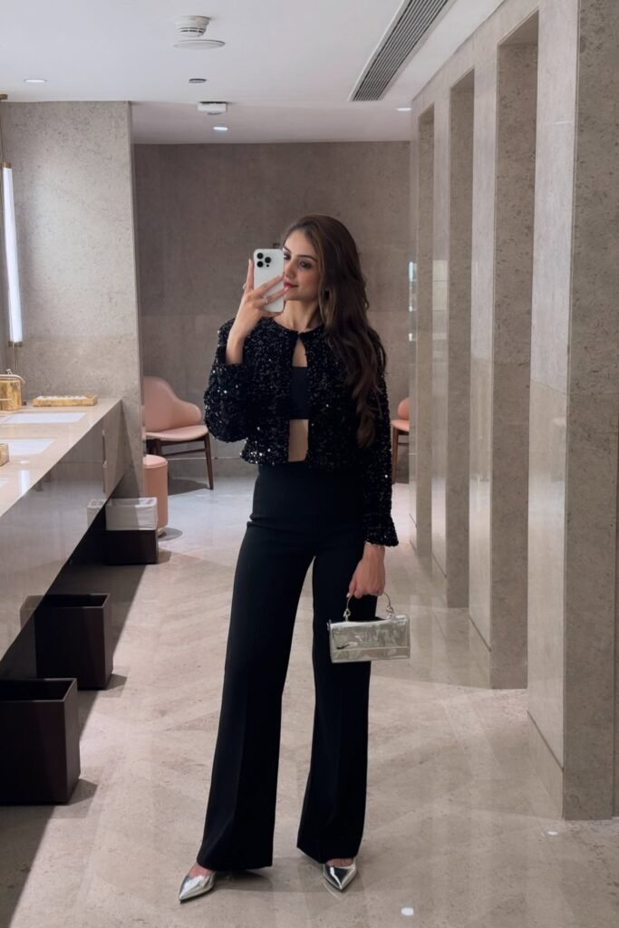 Sparkly Black Cropped Jacket + Black Wide-Leg Trousers + Silver Pointed-Toe Heels