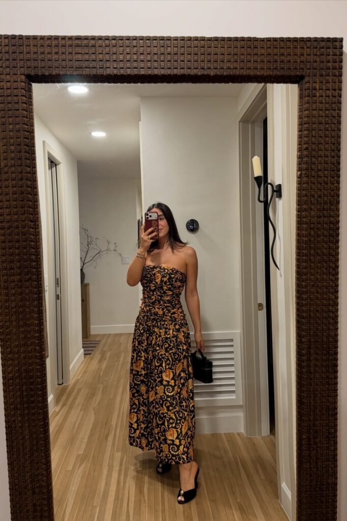 Strapless Gold and Black Filigree Pattern Maxi Dress + Black Mules + Black Handbag