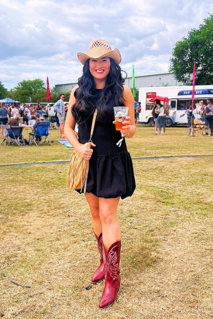 Straw Cowboy Hat + Black Mini Bubble Dress + Red Embroidered Cowboy Boots