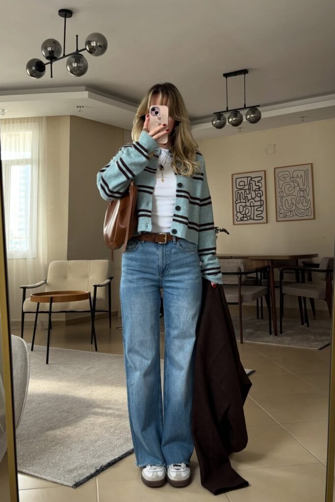 Striped Blue Cardigan + White T-Shirt + Light Wash Wide-Leg Jeans + White Sneakers