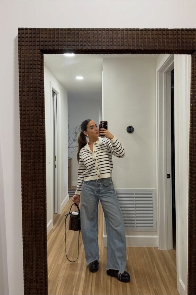 Striped Button Up Cardigan + Light Wash Wide Leg Jeans + Black Platform Boots