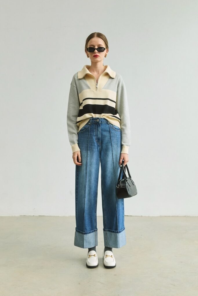 Striped Quarter-Zip Polo Sweater + Wide-Leg Cuffed Jeans + White Loafers