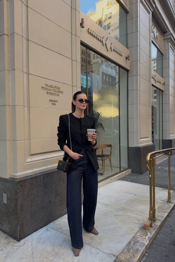 Structured Black Collarless Blazer + Dark Wash Wide-Leg Jeans + Brown Pointed-Toe Flats