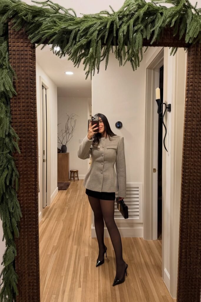 Structured Grey Wool Blazer + Black Mini Skirt + Sheer Black Tights + Black Pointed Heels